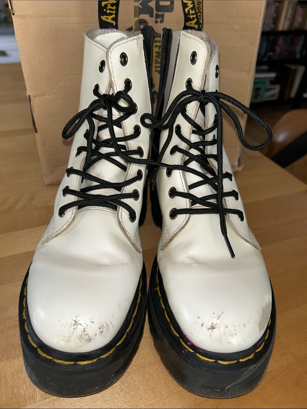 Dr. Martens Jadon White Leather Platform Combat Boots with Black Laces